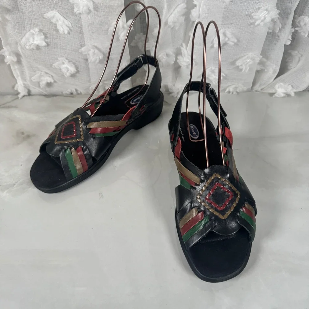 Vintage‎ Dr. Scholl's Huaraches Mexican Sandals Woven Black Leather Boho 7.5 W